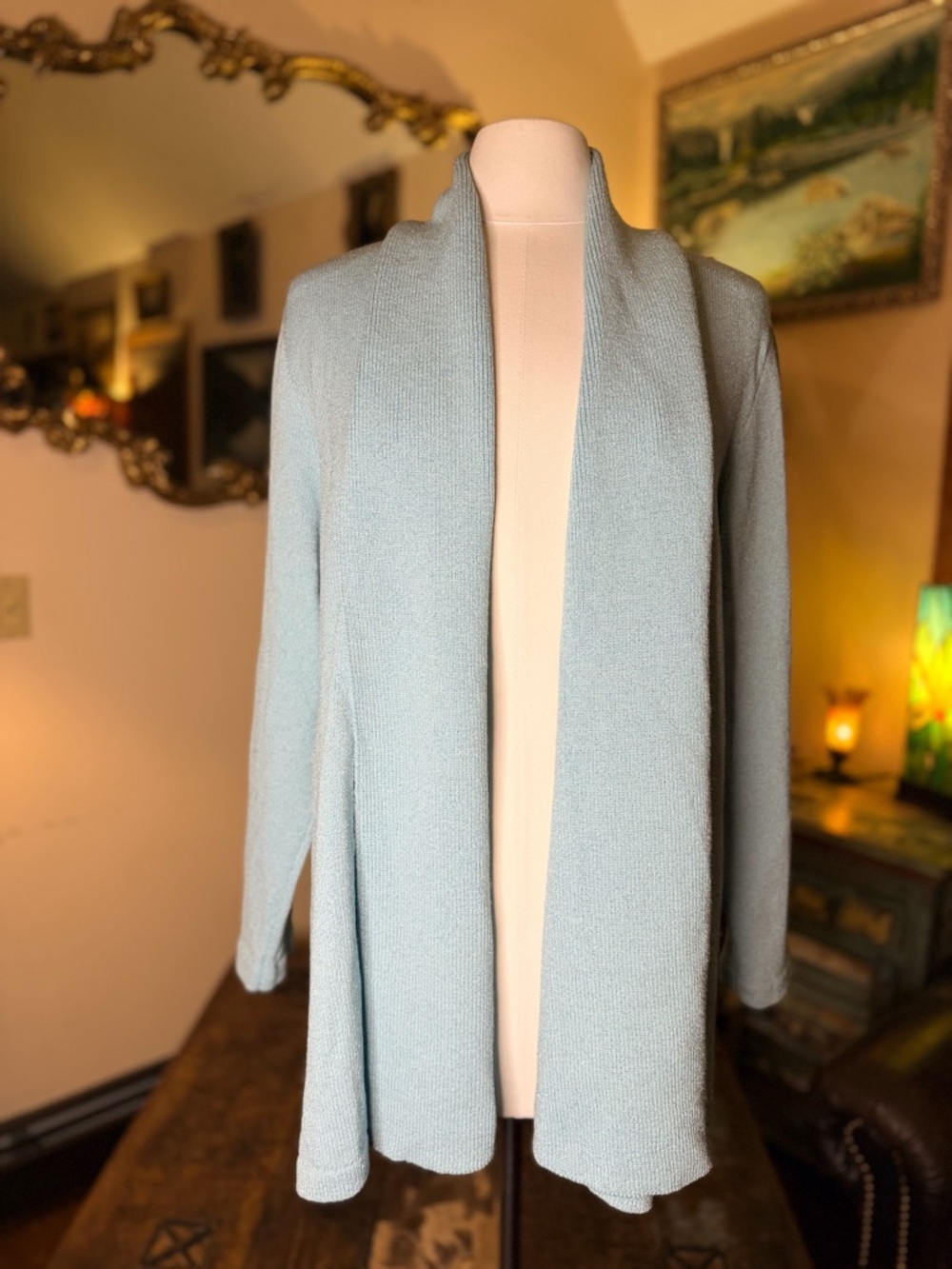Vintage Anne Pederson Wool Rayon Light Blue Open-Front Women’s Sweater Cardigan